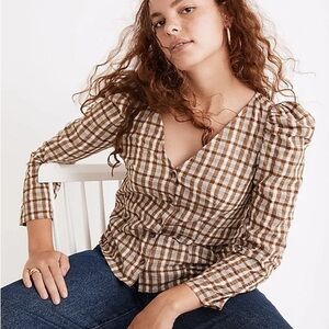 Madewell Cotton Westover Top in Sandown Plaid in Weathered Olive size 0
